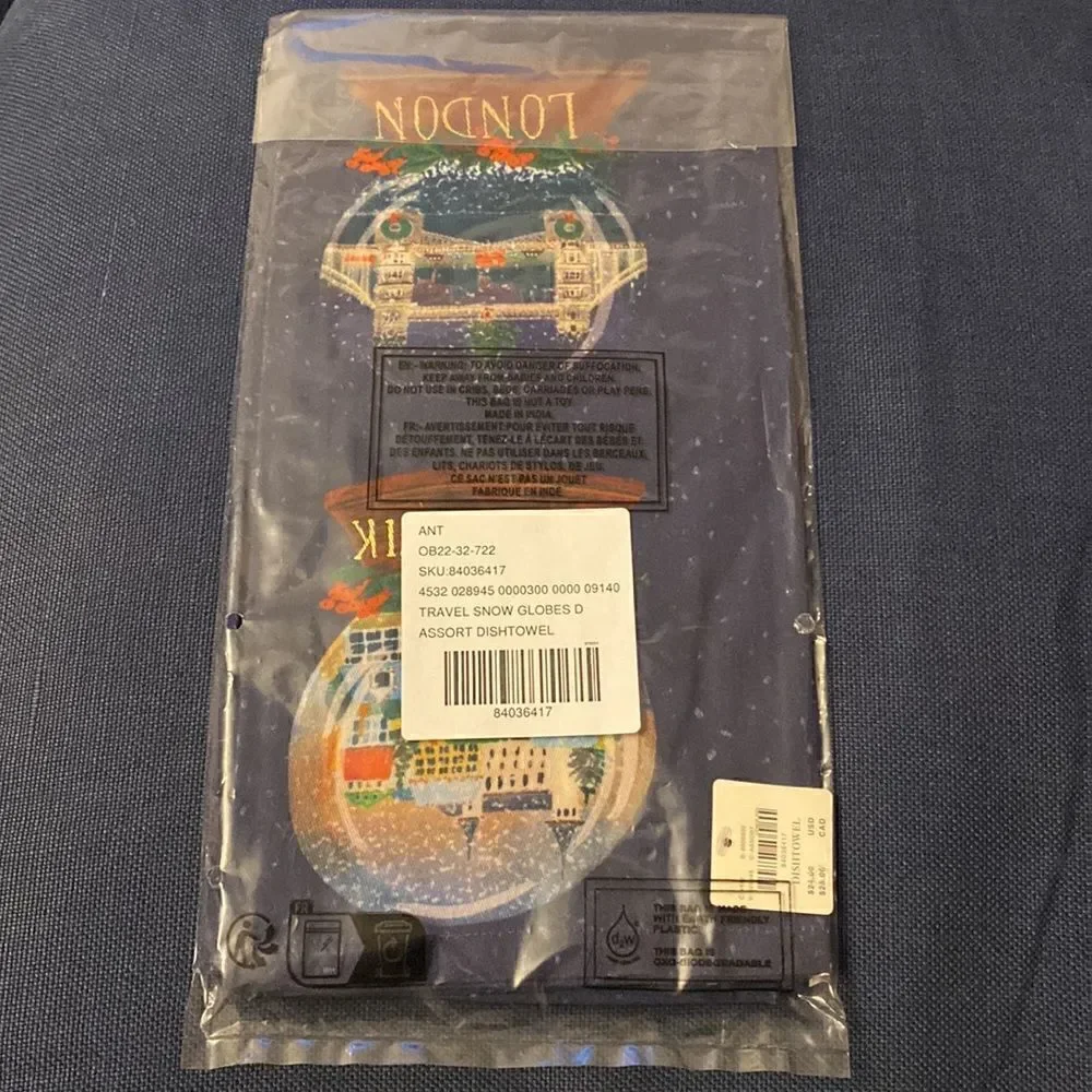 NWT ANTHROPOLOGIE Travel Snow Globes Dish Towel Blue